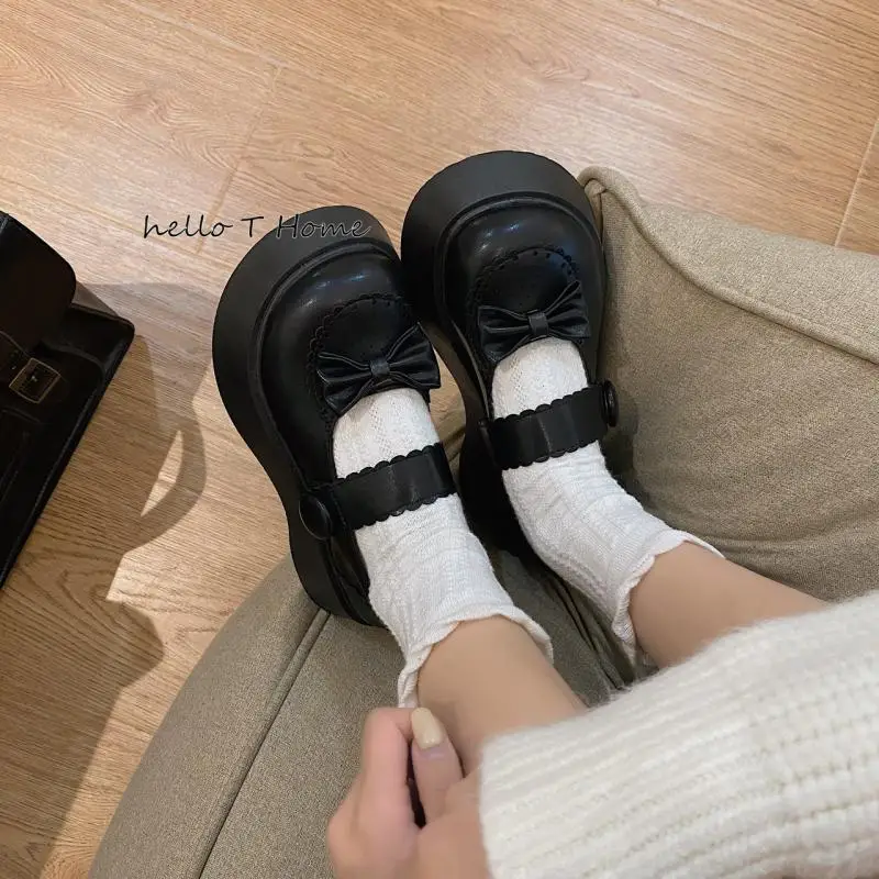 

Black Pu Leather Gothic Punk Girls Lolita Shoes Women's Vintage Mary Jane Shoes Platform Bow Student Jk Uniform Shoes