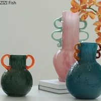 Hexagonal Texture Colored Glass Vase Artificial Flower Decorative Flowers Pots Desk Decoration Floral Vases Room Aesthetic Decor 2
