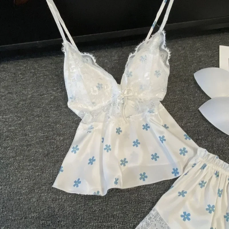Lace Sexy Women's Pajamas Set Summer New with Chest Pads Ice Silk Suspenders Shorts Sleepwear Two-piece Women's Clothing