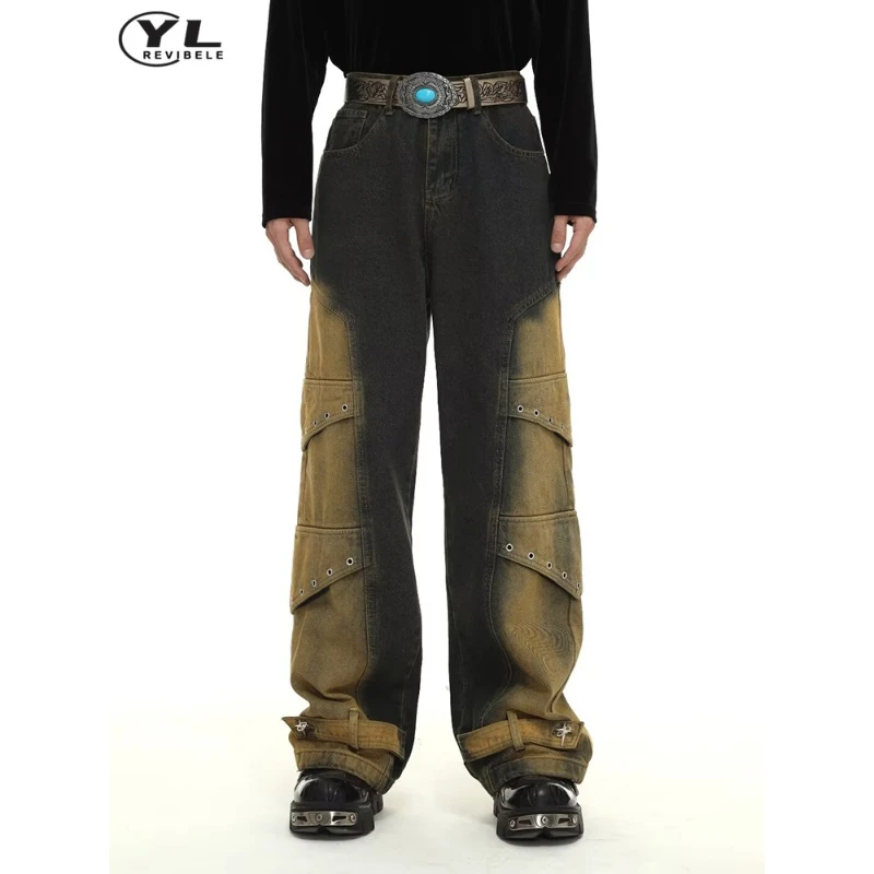 

Retro Deconstructed Cargo Jeans Men High Street Patchwork Baggy Straight Denim Pants Hip Hop Punk Distressed Wide Leg Trousers