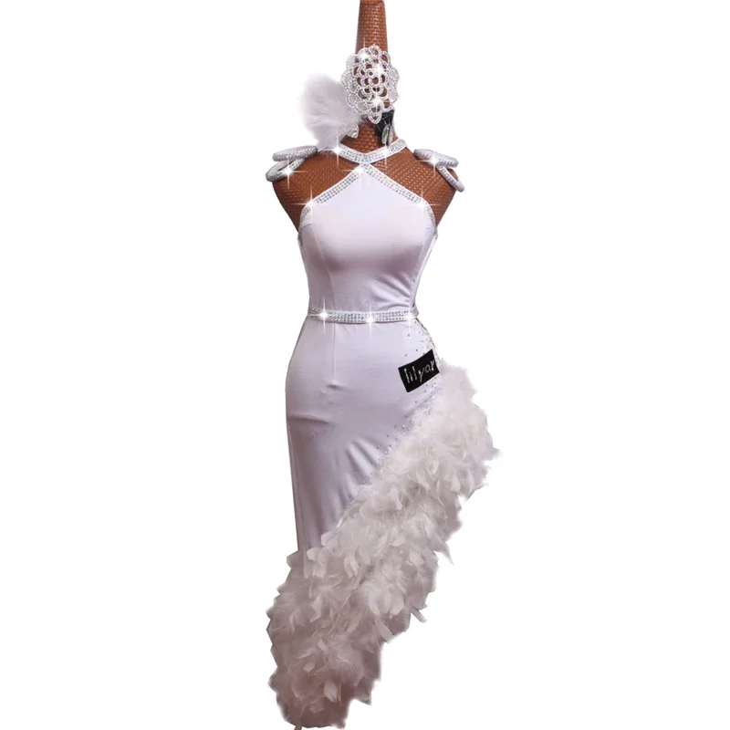 

New Latin Dress Dance Dress Competition Dress Skirt Decoration Latin Dance Costumes Skirts White Feather Dance Clothes Women