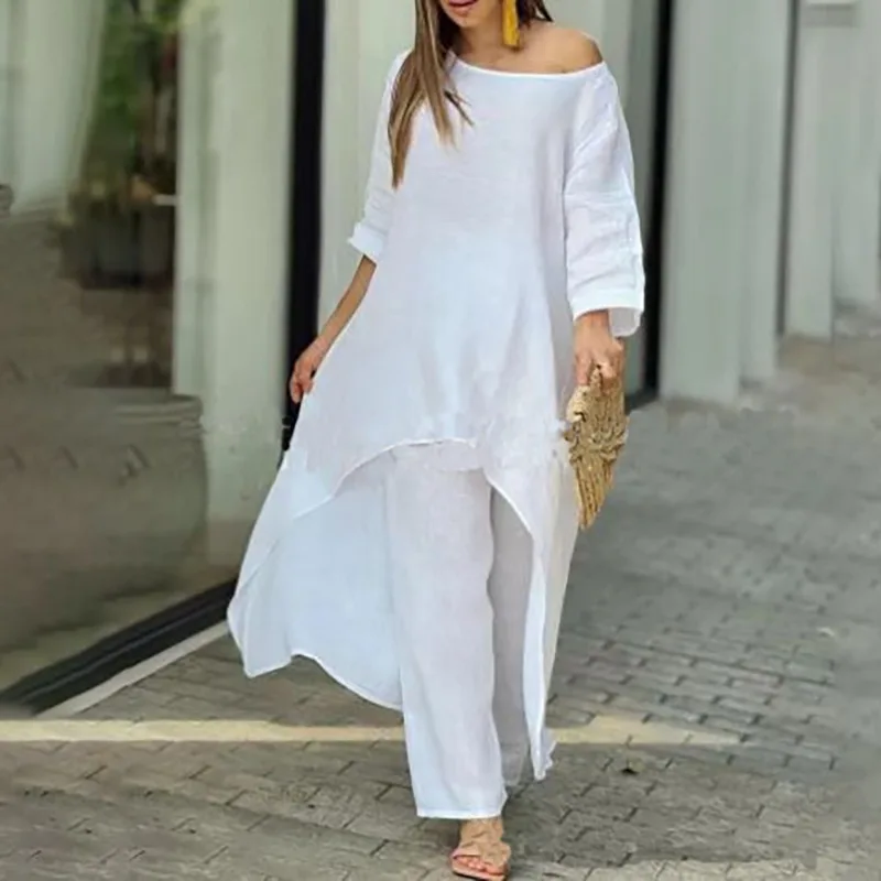 Solid Color Irregular Leisure Fashion O-neck Top and Wide Leg Pant 2 Piece Sets Summer Women High Waist Pants Linen Shirt Set