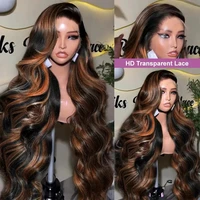 Perruque Lace Frontale HD 13x6 en Cheveux Humains, Densité 220, 30 Pouces, Noir Brun 1B/30, Ondulée Body Wave, avec Mèches Colorées 3