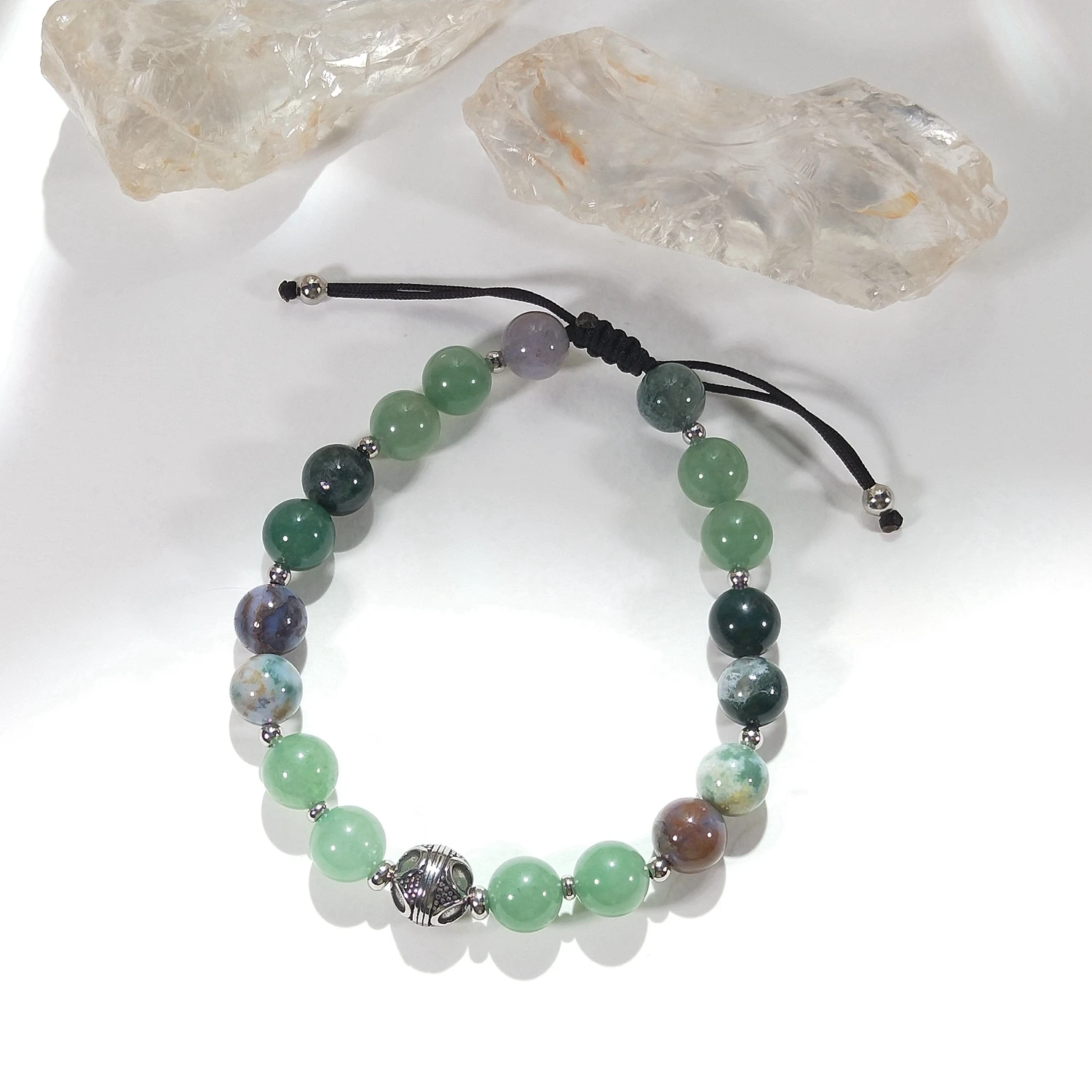 Lii Ji Natural Green Aventurine India Agata Moss Agate Bracciale Regolabile Da 8Mm Per Gioielli Maschili