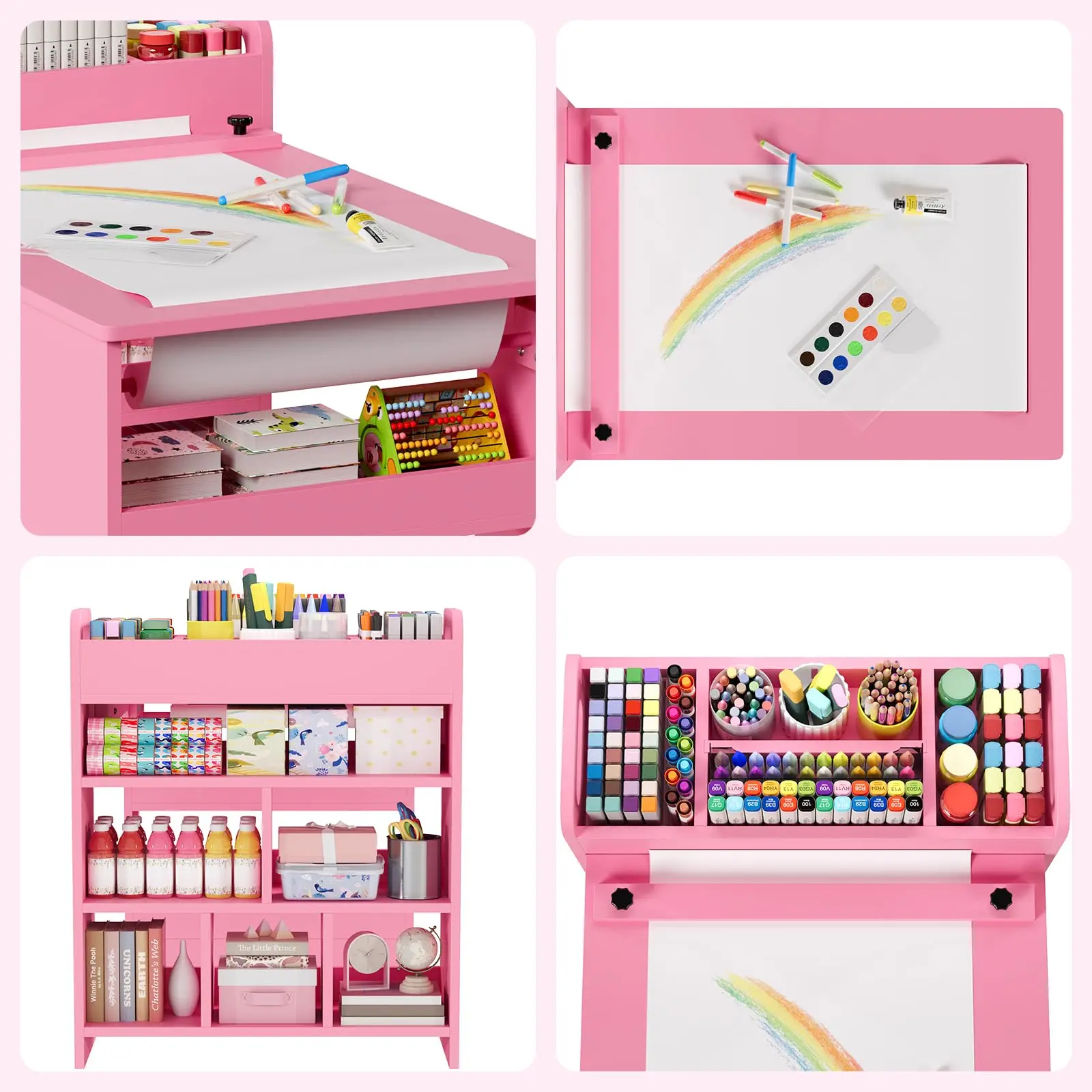 Kinder-Kunsttisch mit 2 Stühlen, Kleinkind-Basteltisch aus Holz mit Großen Aufbewahrungsregalen zum Schreiben und Zeichnen, Kinderzimmer – Detail 2