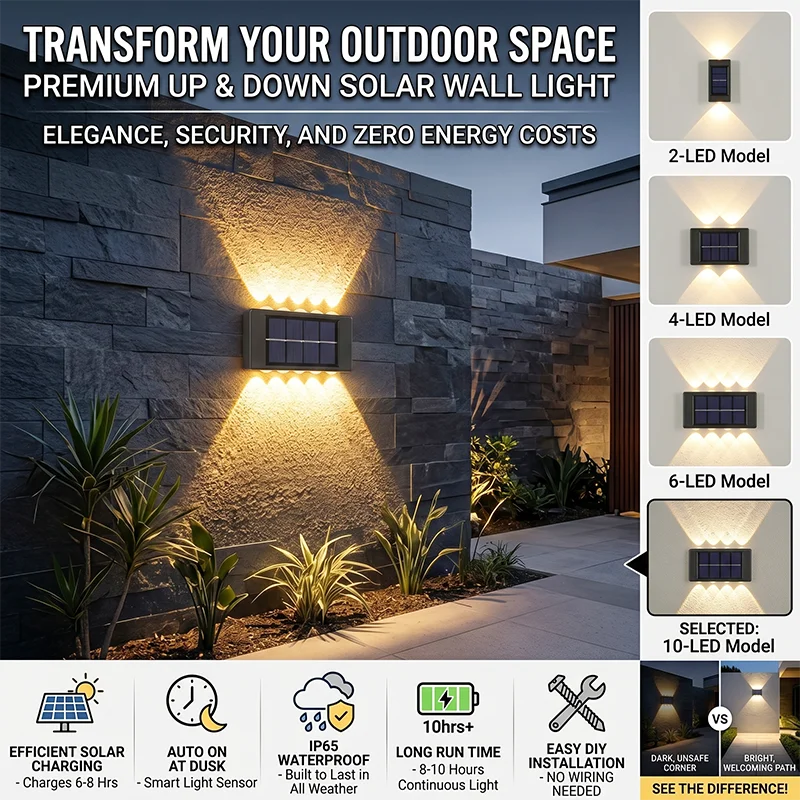 Up and Down Illuminated Solar Wall Lamp,Outdoor Yard Garden Decor Solar LED Light,Automatic Charging Sunlight Powered Spotlight