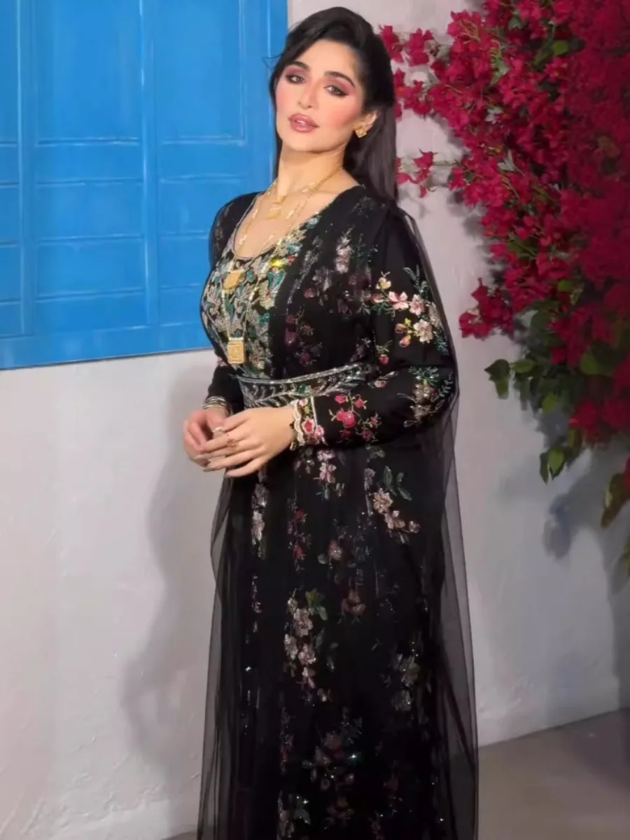 Eid Muslim Party Dress for Women Print Floral Ramadan Abaya Long Dress Belt Morocco Vestidos Largos Dubai Robe Jalabiya 2024
