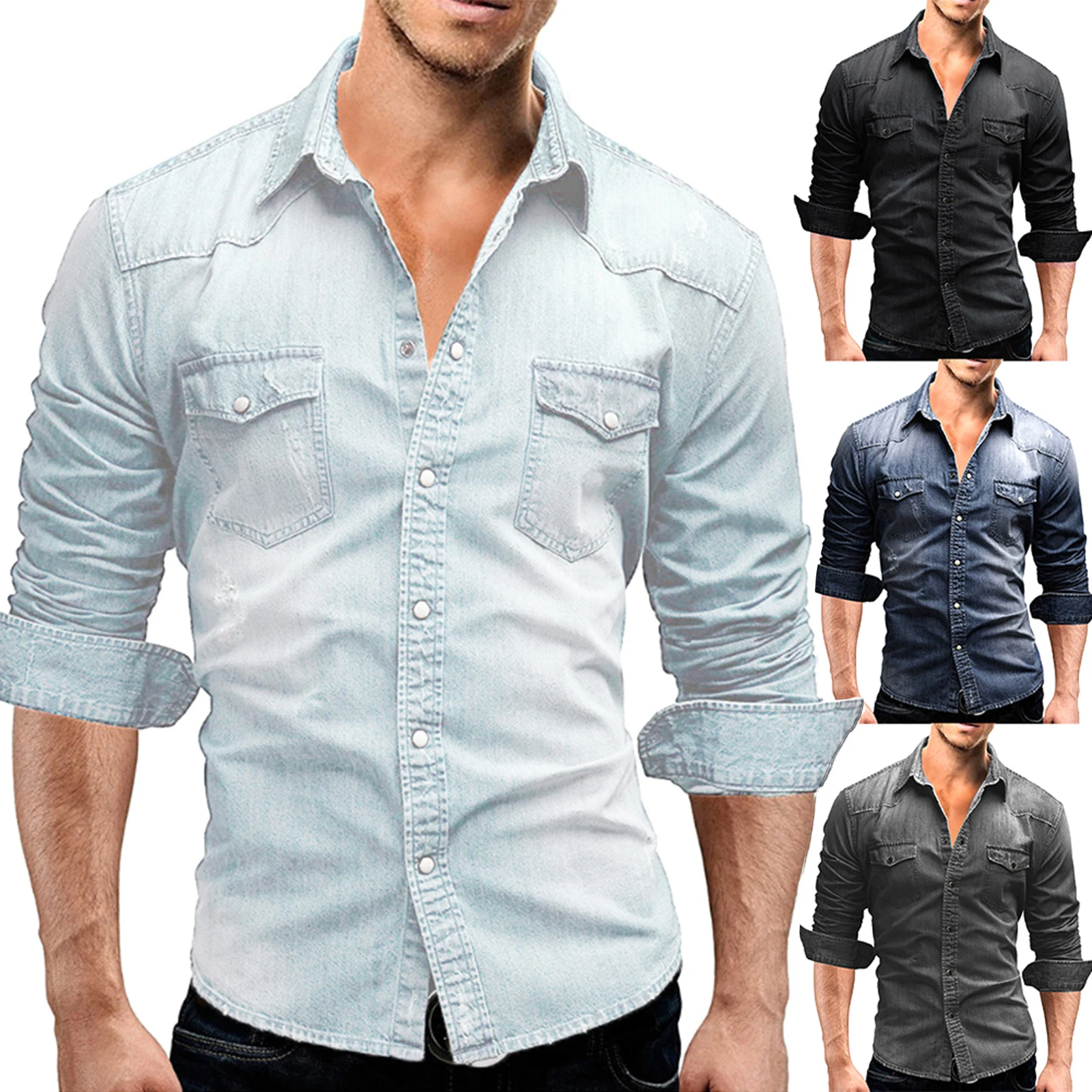 Men Spring Autumn Casual Shirts Solid Color Long Sleeve Lapel Denim Tops Button Shirts for Party denim shirt long sleeved shirt