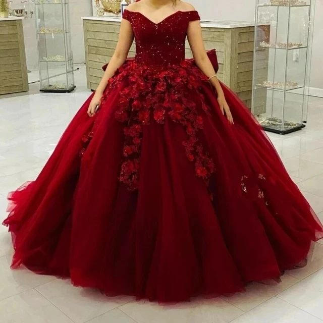 

Angelsbridep бордовое милое платье Quinceanera бальное платье с цветочным бисером милое 16 с открытыми плечами Vestidos De 15 лет