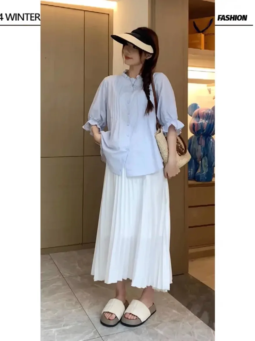임산부를 위한 여름 의상 세트, 세련되고 부드러운 버블 소매 탑과 하프 스커트..