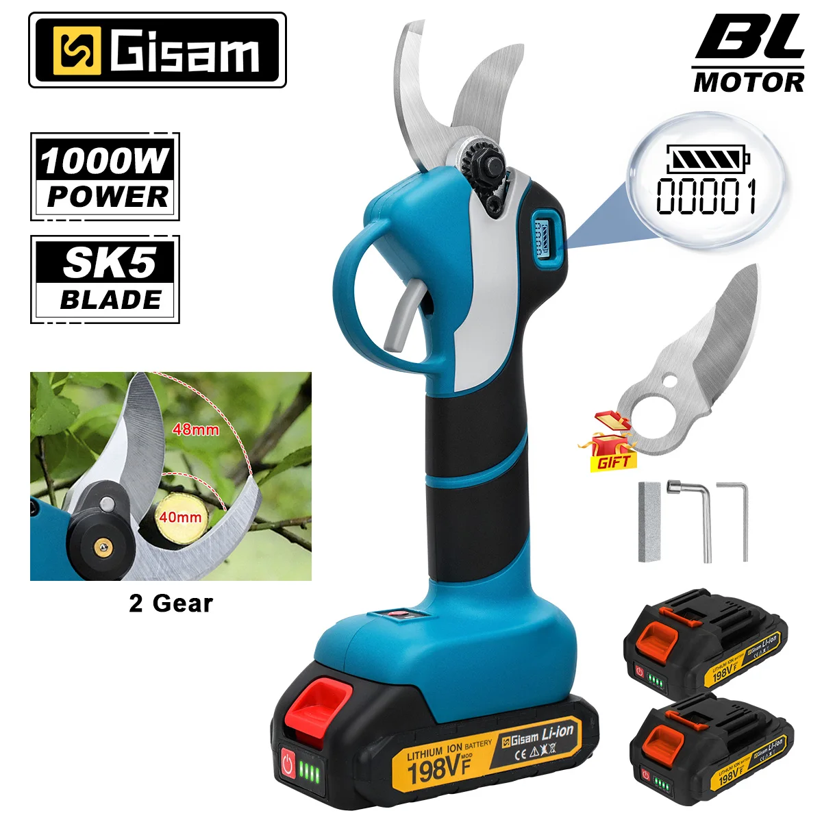 Gisam 40mm Brushless Electric Pruning Shears 1000W Cordless Fruit Tree Branches Scissors Power Tool For Makita 18V Battery Pins