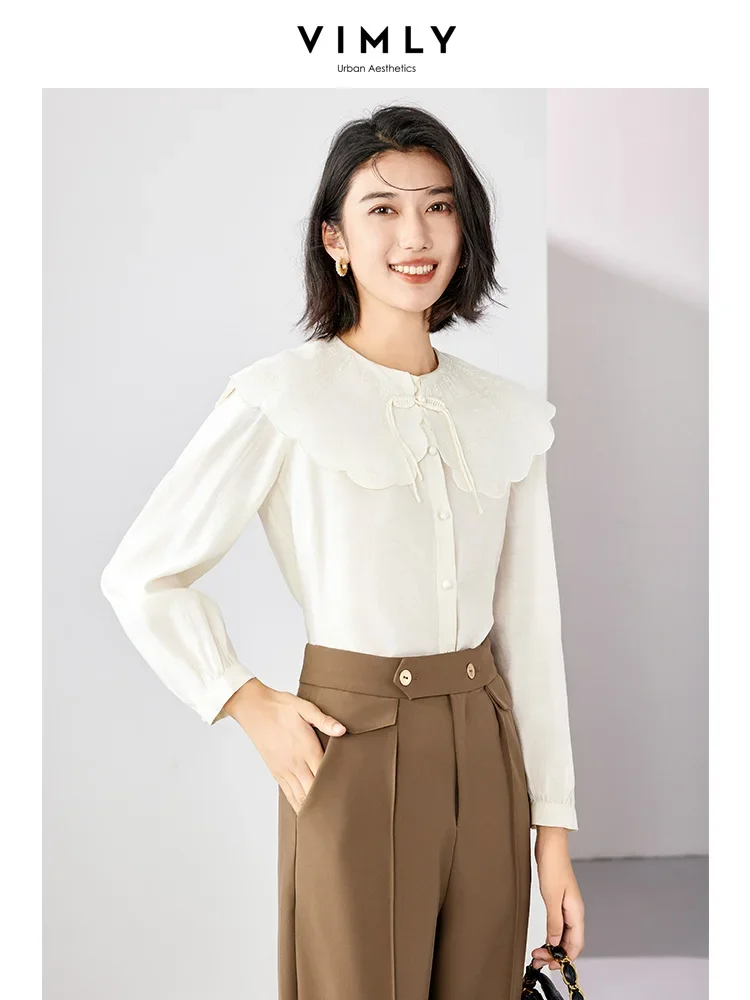 

Vimly Women's Shirt 2024 Spring Sweet Embroidery Big Peter Pan Collar Long Puff Sleeve Female Button Down Shirts & Blouses M2782