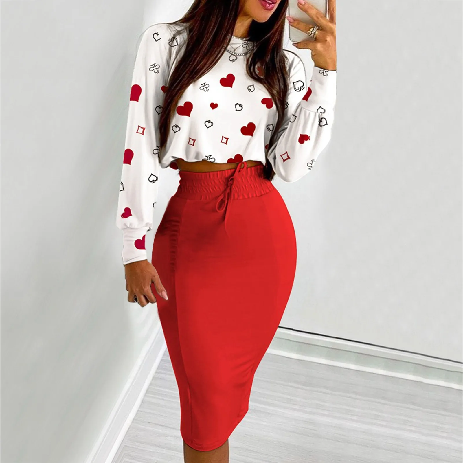 Checkered Long Sleeve Top and Skirt Two-Piece Set main image 1