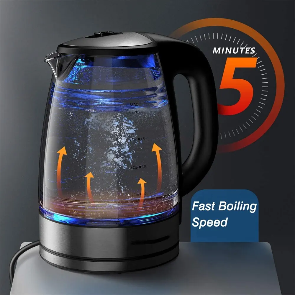 DEVISIB Electric Kettle with Stainless Steel Heater 2L Glass Tea Kettle  2200W Hot Water Boiler LED Indicator Auto Shut-Off - AliExpress