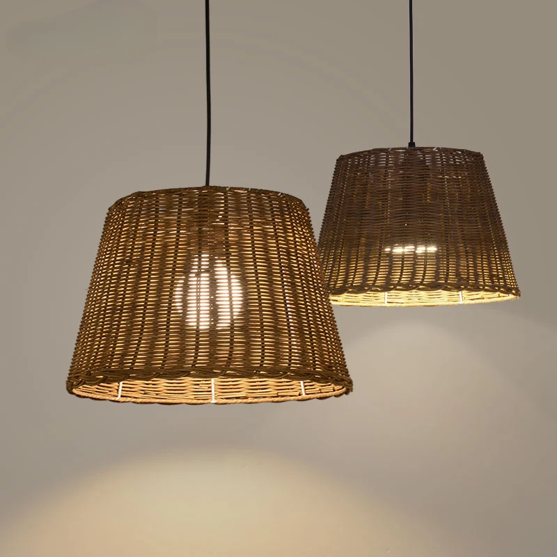 

Pastoral retro chandelier LED spotlight conical rattan lampshade features creative rattan light