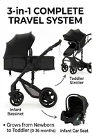 Poussette 3 en 1 haute performance avec nacelle et siège auto, système de voyage léger en aluminium, pliage à une main, siège réversible, roues amortissantes, grand panier de rangement, capote anti-UV, coussin confortable pour nouveau-né, idéal pour l'extérieur 2