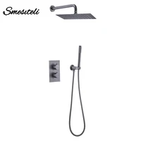 Gunmetal Thermostatic Shower Faucet 8-12 Square Rainfall Head Bathroom Mixer Set Wall Mounted Tap Constant 38°C Control Support 1