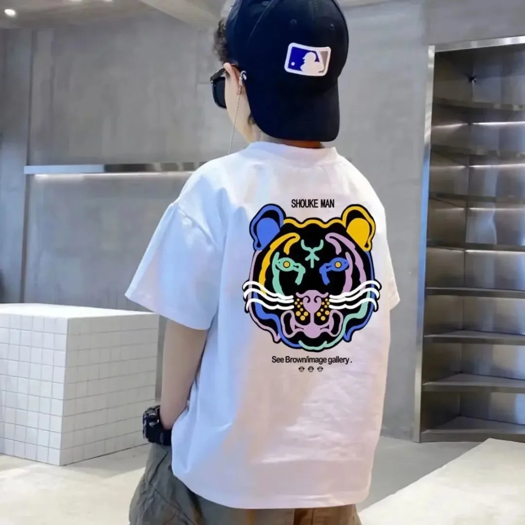 Boys 100% Cotton T-shirt Summer Cartoon Graffiti Lion Printed Girls Tees Short Sleeve Children Tops High Quality Kids Clothes 2