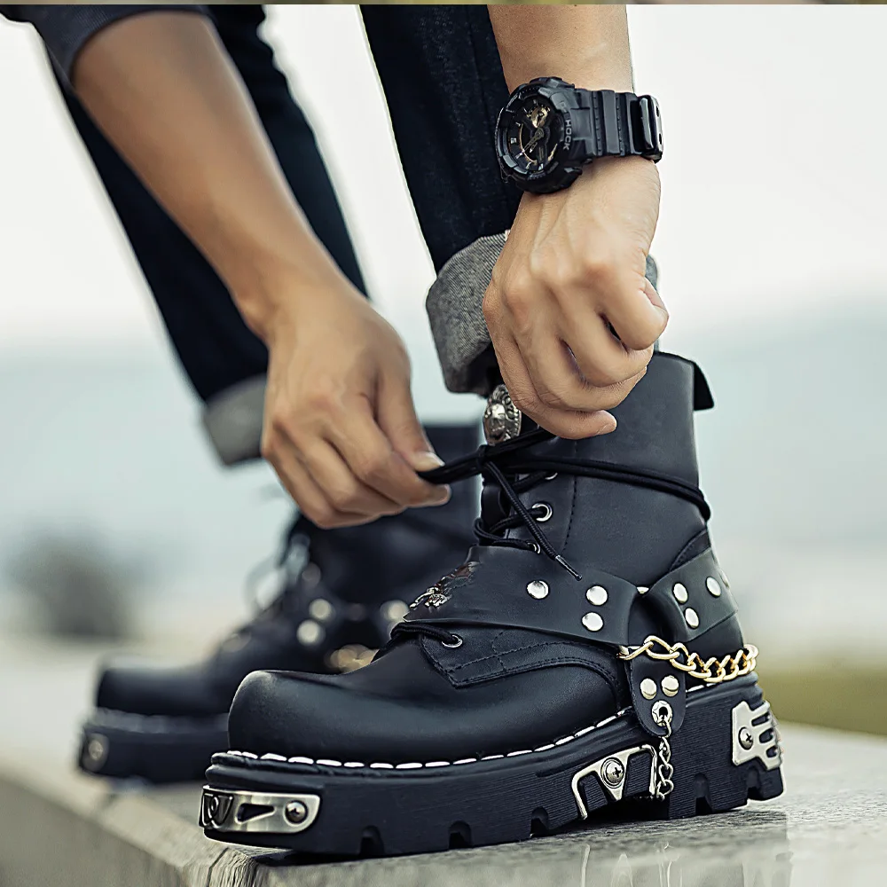 Botas de moto de cuero genuino a la moda para hombre, botas Punk