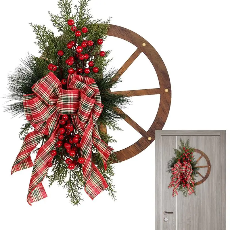 

Artificial Christmas Wreath Decorative Non Fade Realistic Red Berry Wreath Pine Needles Wheel Garland With Bow home supplies