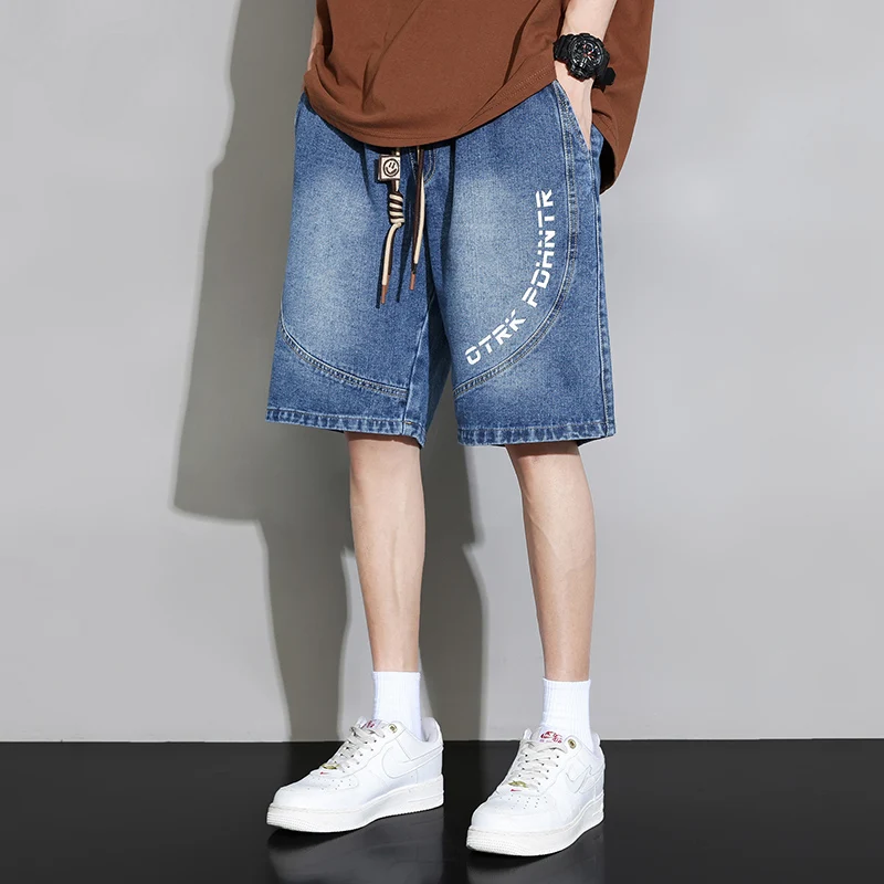 Fashion Spliced Printed Letter Casual Denim Shorts Men's Clothing 2024 Summer New Loose Elastic Lace Up All-match Knee Shorts