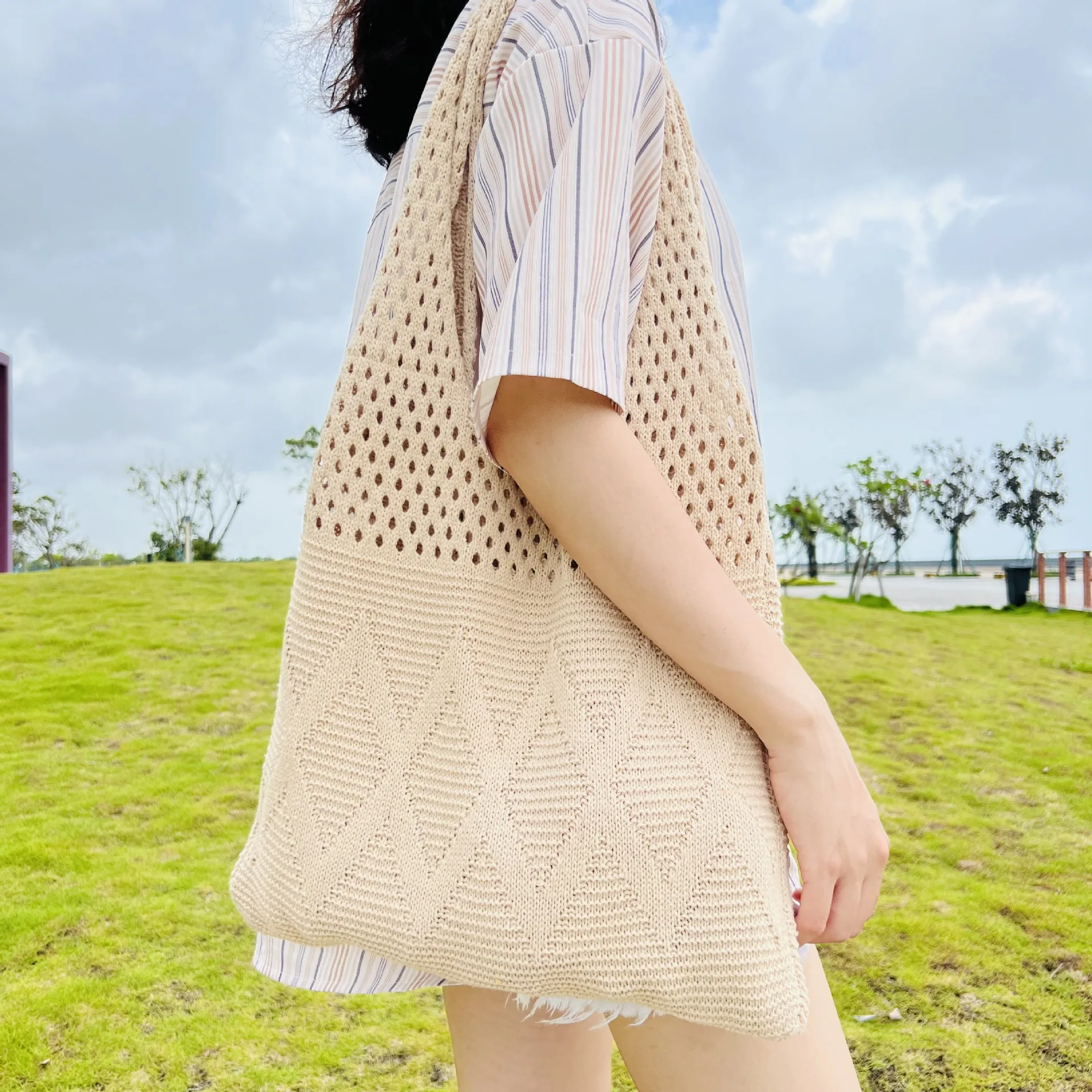 Soft Knit Fabric Cloth Shoulder Bag Summer Bright Solid Color Tote Diamond Lattice Shape Pattern Hollow Out Fashion French Style