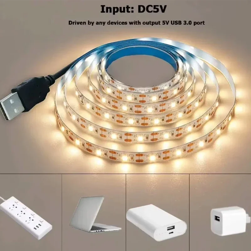 5V USB LED Strip Light Flexible Cuttable Light with Adhesive White/Warm White for TV Backlight Cabinet Bedroom Home Decoration