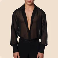 Vêtements pour hommes maille voir à travers maille Sexy chemise à manches longues couleur unie boutonné Vintage Streetwear rétro hauts de fête S-3XL 1