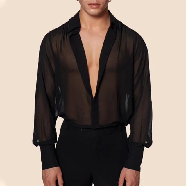 Vêtements pour hommes maille voir à travers maille Sexy chemise à manches longues couleur unie boutonné Vintage Streetwear rétro hauts de fête S-3XL 1