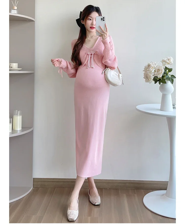Autumn Maternity Dress Suits Sleeveless Strap Dress+long Sleeve Cardigans Cape Twinset Fashion Princess Pregnancy Clothes Set