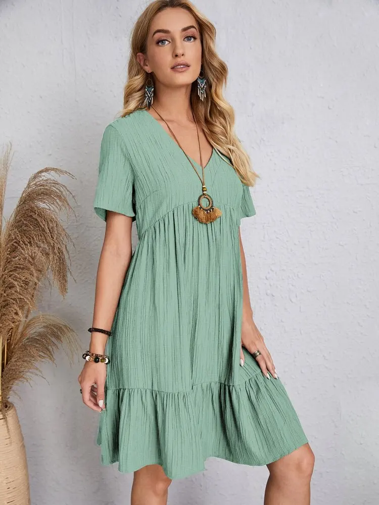 Elegant V Neck Ruffle Mini Dress - Womens Casual Summer Sundress