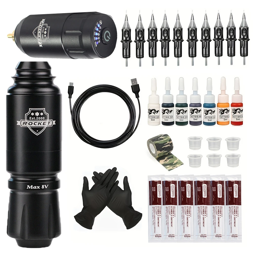Set Completo Di Macchinette Per Tatuaggi Rocket Mini Penna Rotante Con Alimentatore Per Tatuaggi A Led Kit Per Tatuaggi Wireless Con Batteria A Razzo 