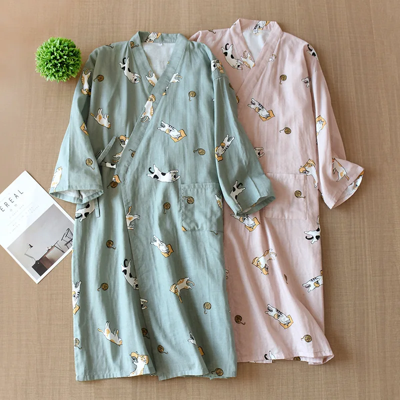 Women's Robe Cotton Robe Japanese Kimono Seven-Sleeve Pajamas Loose Cartoon Cat Print night-robe women Pajamas Bathrobe