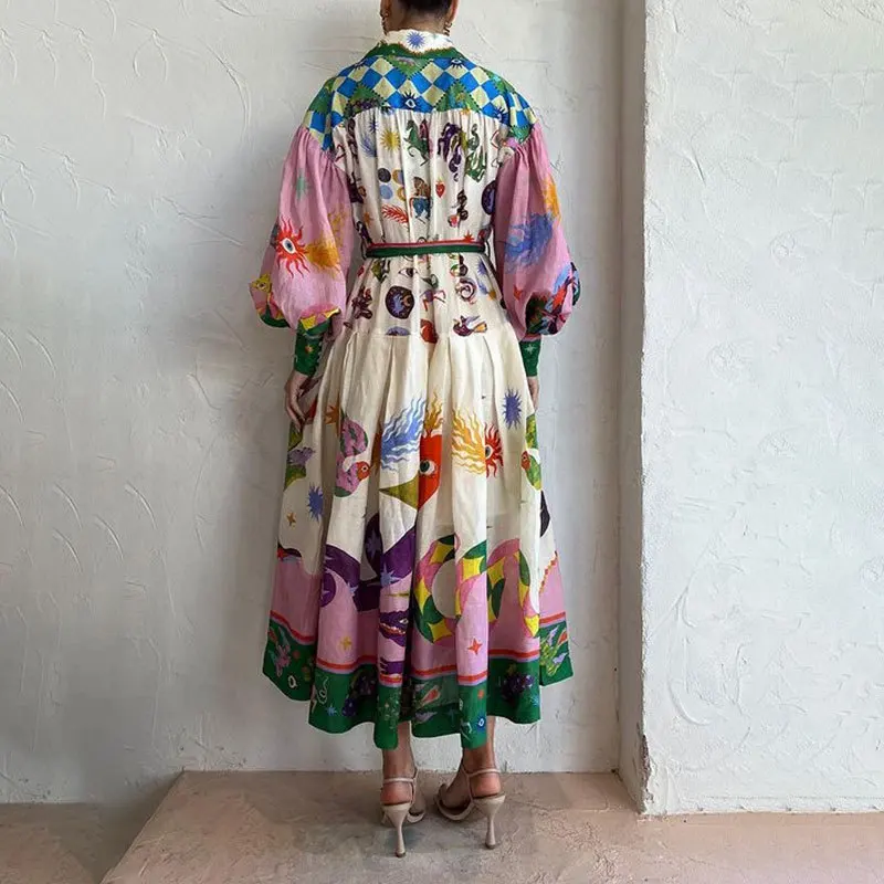 Feminino retro impresso a linha vestido longo elegante lanterna manga lapela camisa plissado vestidos de festa feminino primavera grande bainha vestido 18 S3013108f03704ea4b0bdf5bb72341f7fh