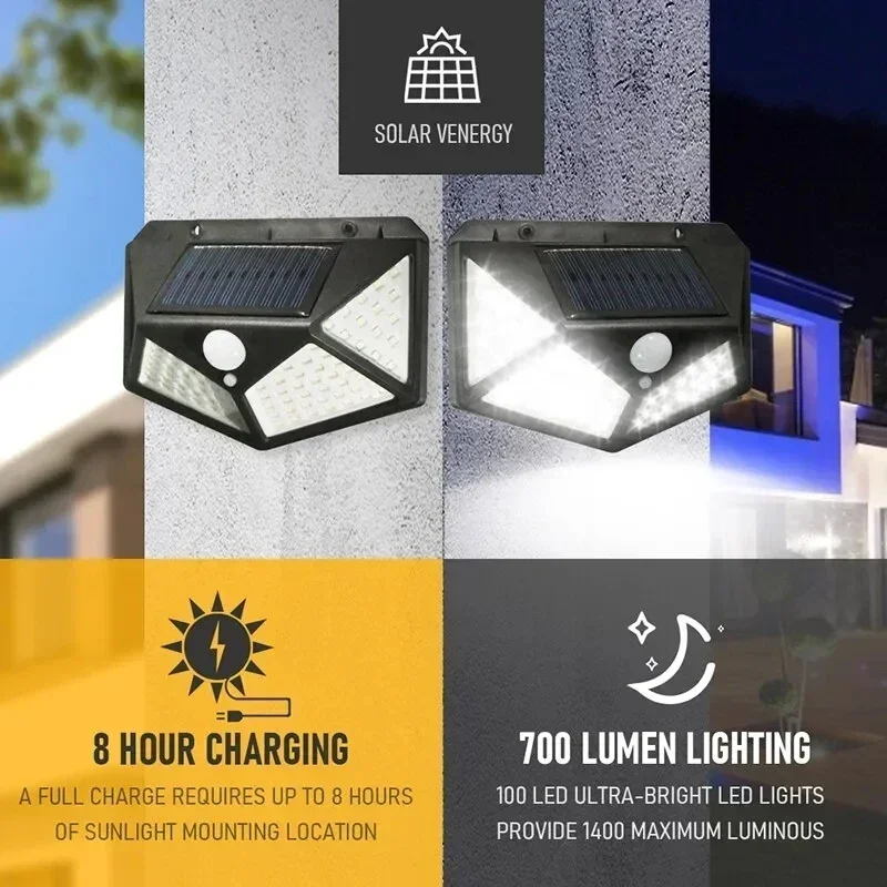 100 LED Solar Wall Lamp 4 Sides Luminous Motion Sensor Decor Lights Outdoor Garden Courtyard Waterproof Wall Lights 2/4/8/12PCS
