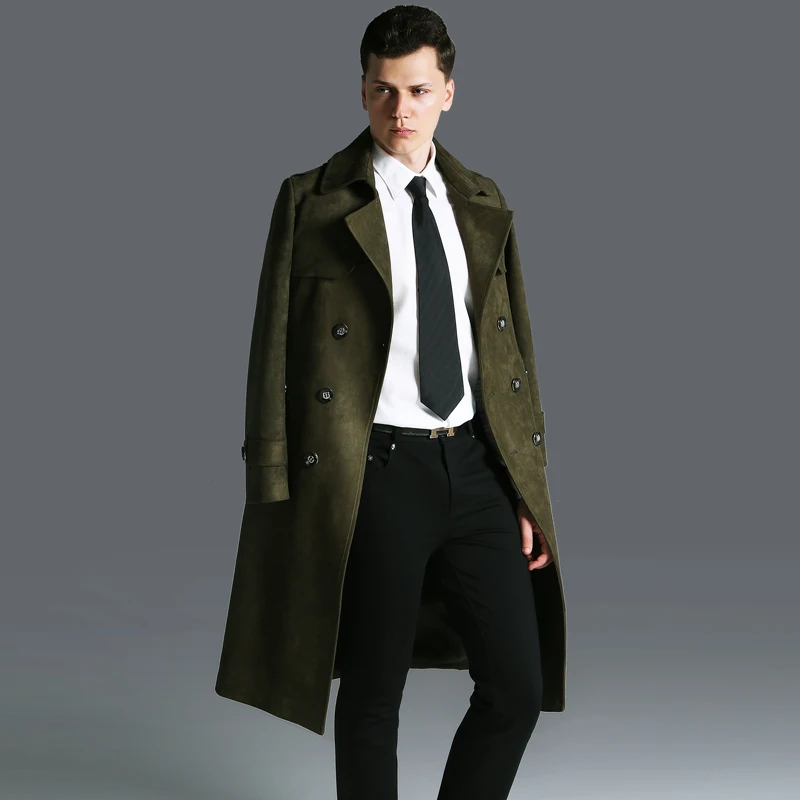 Fashion Men Solid Double Breasted Long Trench Coat Plus Size Spring Autumn Military Green Army Belted Classic Suede Trench 6XL