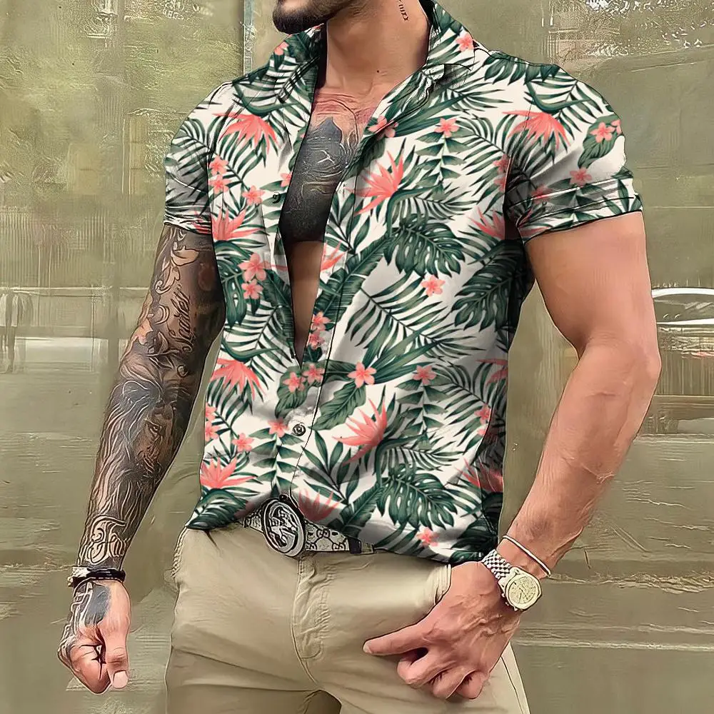 2024 Hawaiian Leaf Plant Shirts For Men Floral Short Sleeve Casual Oversized Tops Social Everyday Streetwear Clothing Tropical 4