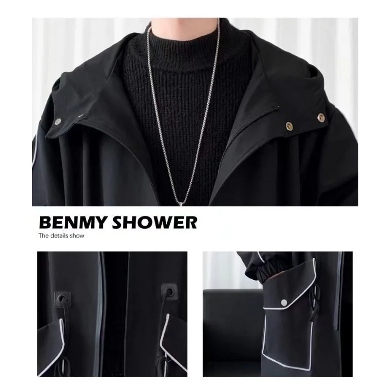 Autumn and Winter New Windbreaker Men's Mid Length Over Knee Hooded Coat Korean Loose Cloak Warm Coats Mens Jacket