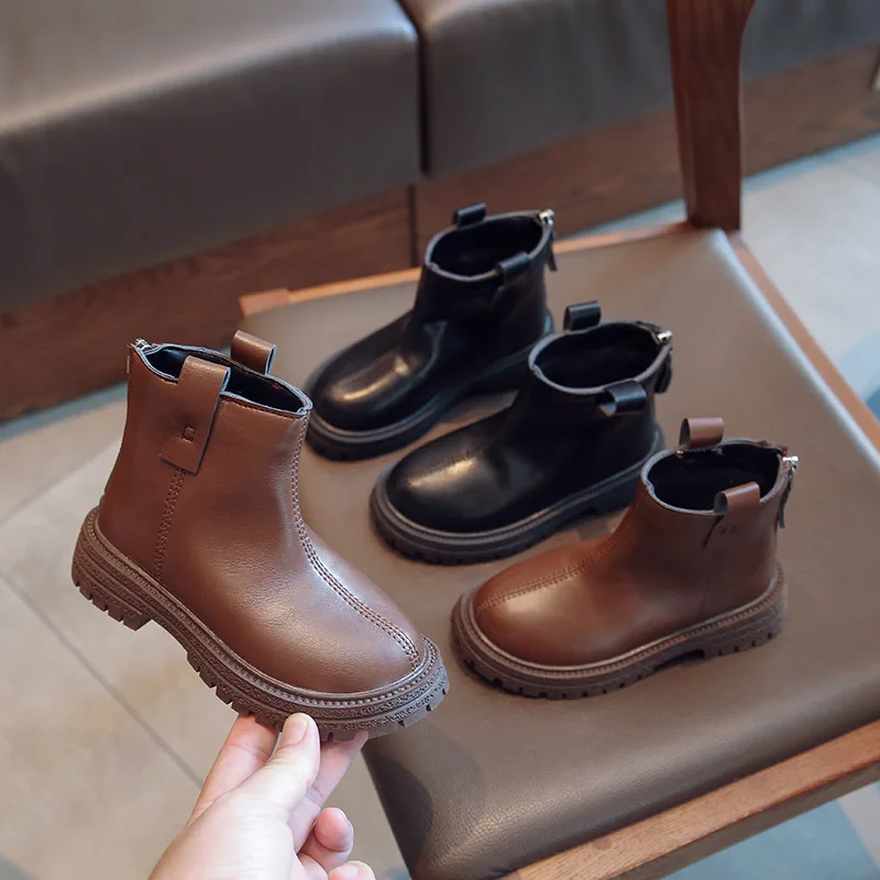 

British Style Girls Boots Autumn Simple Leather Ankle Boots Winter Plush Warm Toddlers Girl Shoes Casual Children Flats Black
