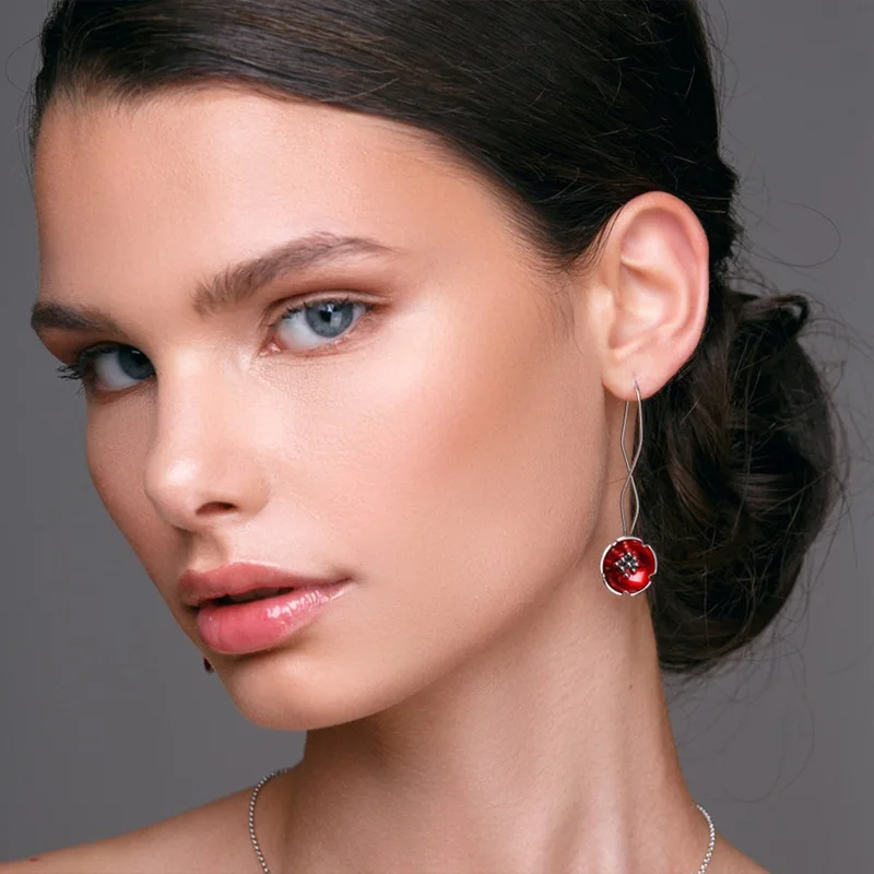Red Flower Drop Dangle Earrings for Women Gold Color Twist Long Hook Earrings
