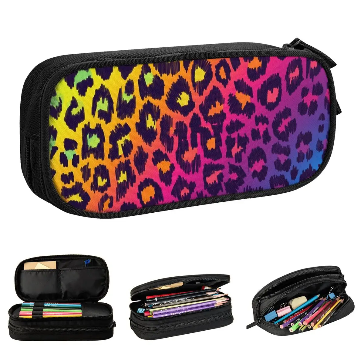 

Rainbow Leopard Pencil Case Cheetah Animal Pencilcases Pen Holder for Girls Boys Large Storage Bags Office Zipper Accessories