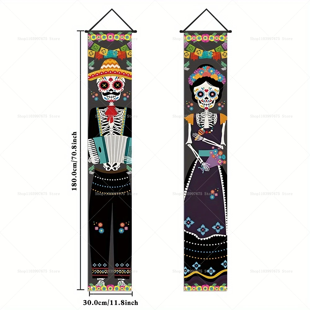 Halloween Dia De Los Muertos Decorative Porch Banners - Day of the Dead Hanging Decor for Indoor and Outdoor Walls