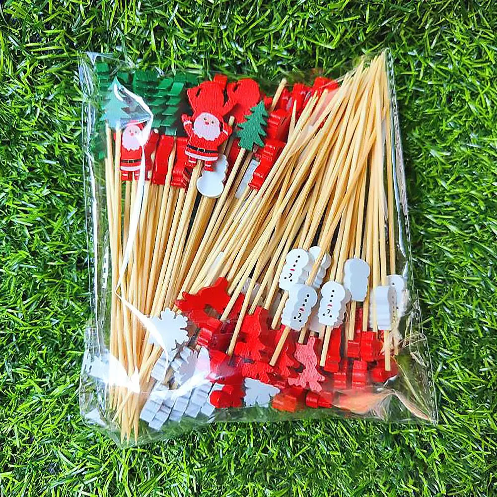 50Pcs Bamboo Appetizer Forks Christmas Theme Food Picks Party Picks Mini For Parties Fruits Charcuterie fruit fork food picks food toothpicks