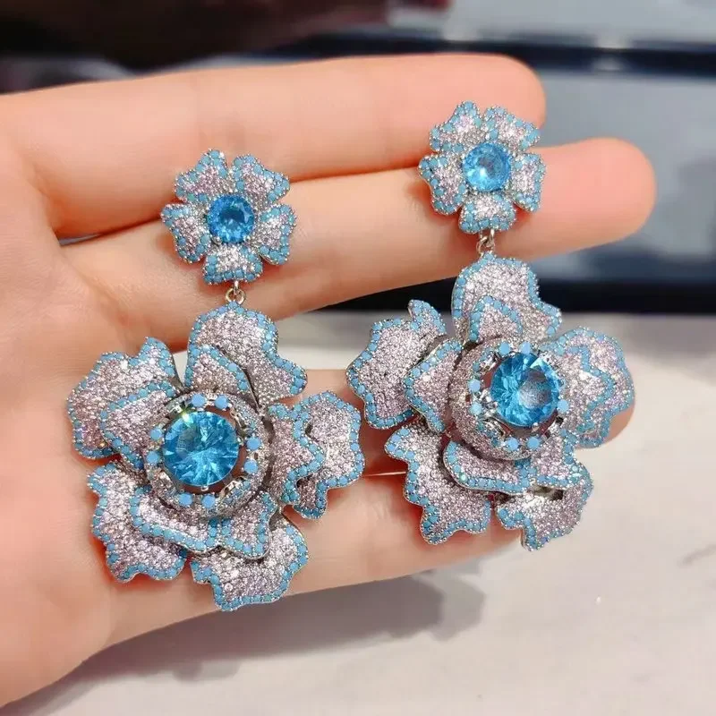 

Glamorous Luxurious Women Big Flower Earrings Blue Yellow Fushia Cubic Zirconia Blooming Flower Dangle Earring Bling Bling