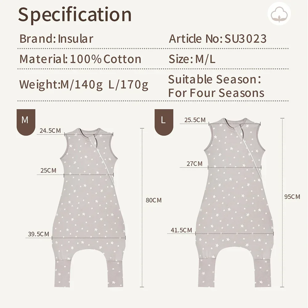 INSULAR Baby Soft Sleep Sack With Feet Infant Sleeveless Sleeping Bags Children's Homewear Premium Cotton 2-Way Zipper4 Seasons 6