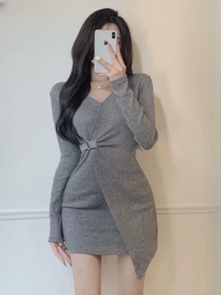 

Dresses Women Sexy Empire Autumn Solid Fashion Simple Knitting All-match Korean Style Folds Hot Design V-neck Comfortable New