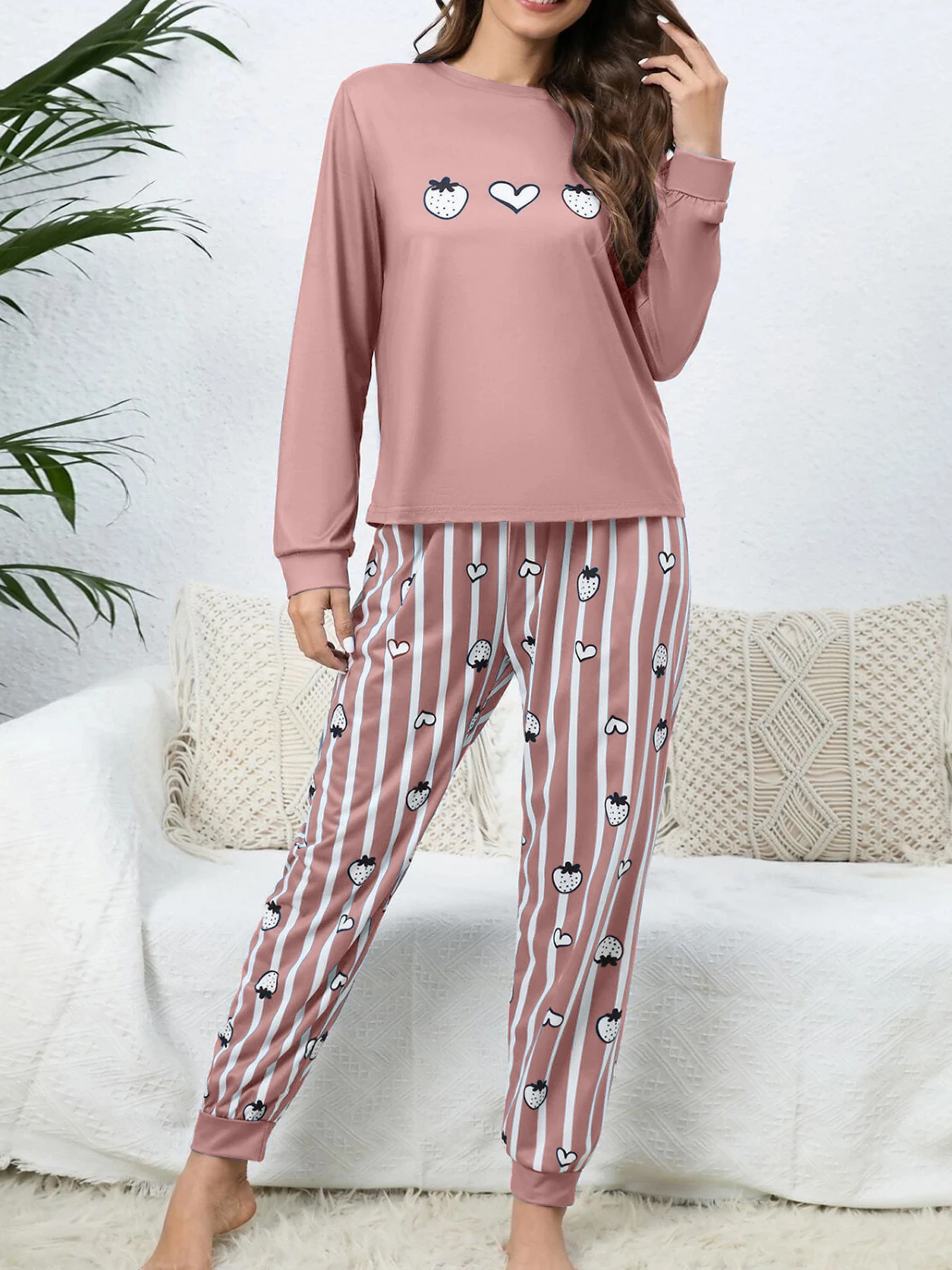 Two-piece set of women's fruit-print long-sleeved striped long pants for all seasons (spring, summer, autumn, winter) - home wea