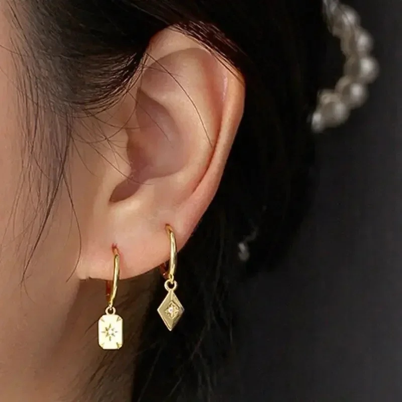 여성을위한 바늘 빈티지 스퀘어 라운드 펜던트 귀걸이 크리스탈 쉘 기하학 귀걸이 패션 쥬얼리