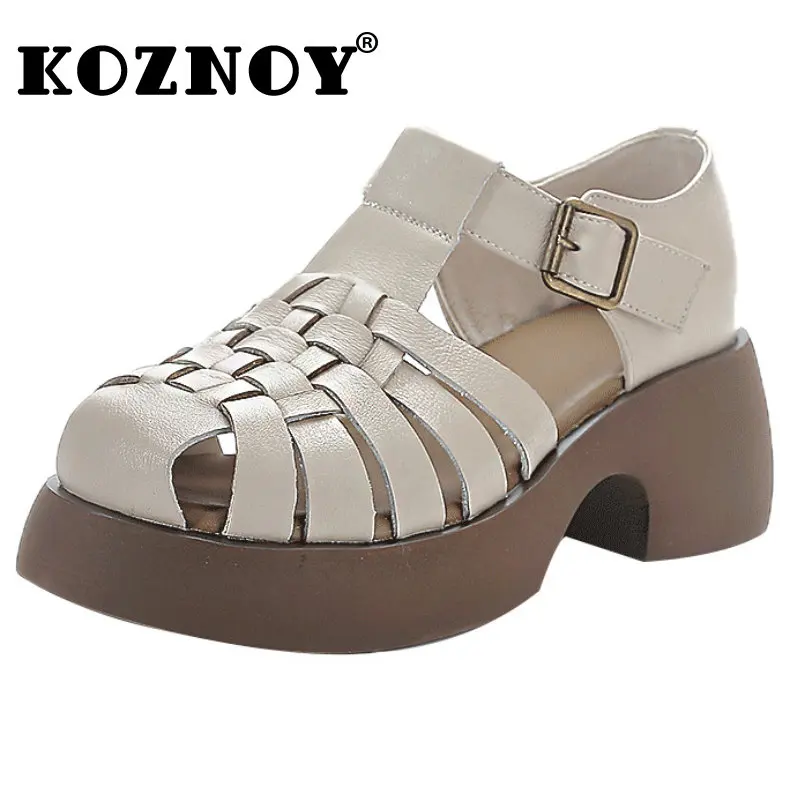 

Koznoy 6cm Weave Genuine Leather Hook Breathable Women Summer Sandals Platform Wedge Comfy Ladies Fashion Ladies Hollow Shoes