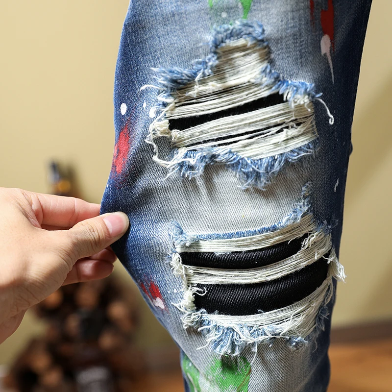 High Street Fashion Men Jeans Stretch Trousers Retro Blue Elastic Skinny Ripped Jeans Men Painted Designer Hip Hop Pants Hombre